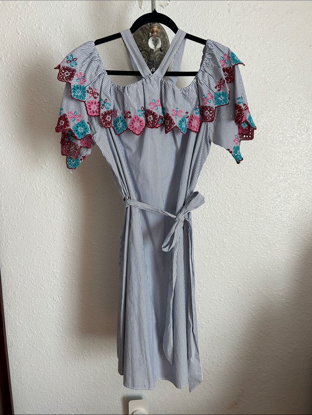 LOFT Blue and White Striped Midi Dress with Multicolor Crochet Trim